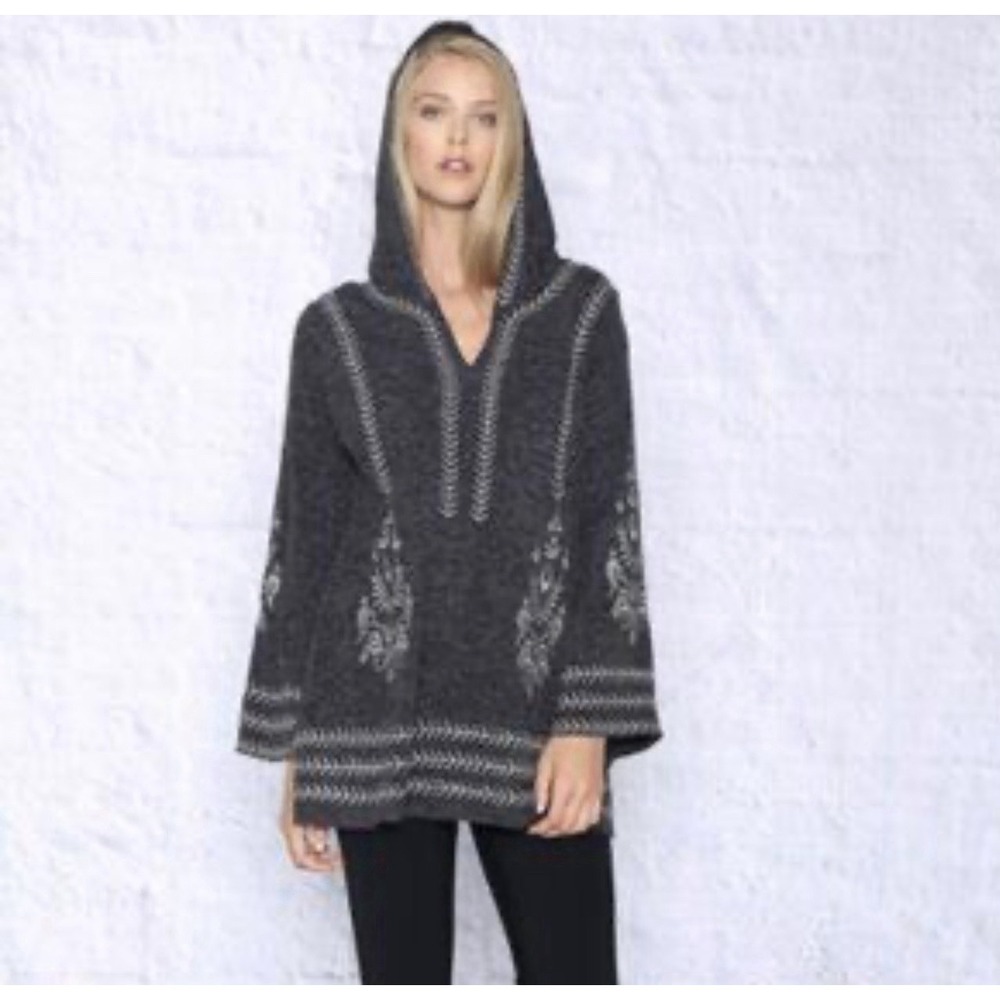 Monoreno Embroidered Boho‎ Hooded Sweater Gray Folk Tunic Size Small Hippie